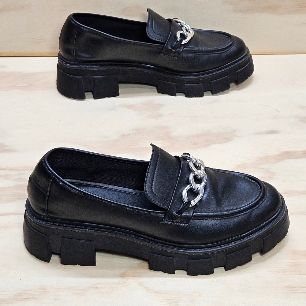 No Boundaries Black Lug Sole Chain Loafers WMNB42FM001 Womens 9 Chunky Platform